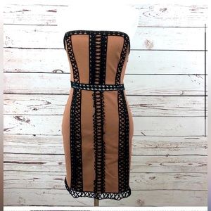 Free People Black Nude Brown Crochet Strapless Bustier Dress